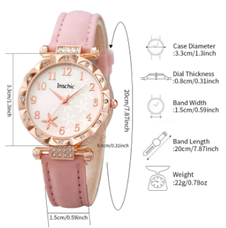 Gift Set Fashion Flowers Dial Women's Quartz Watch Leather Band Watches Rhinestone Jewelry Set