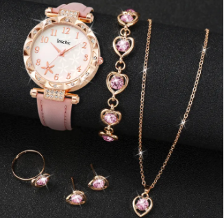 Gift Set Fashion Flowers Dial Women's Quartz Watch Leather Band Watches Rhinestone Jewelry Set