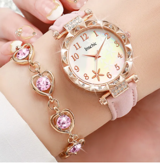 Gift Set Fashion Flowers Dial Women's Quartz Watch Leather Band Watches Rhinestone Jewelry Set